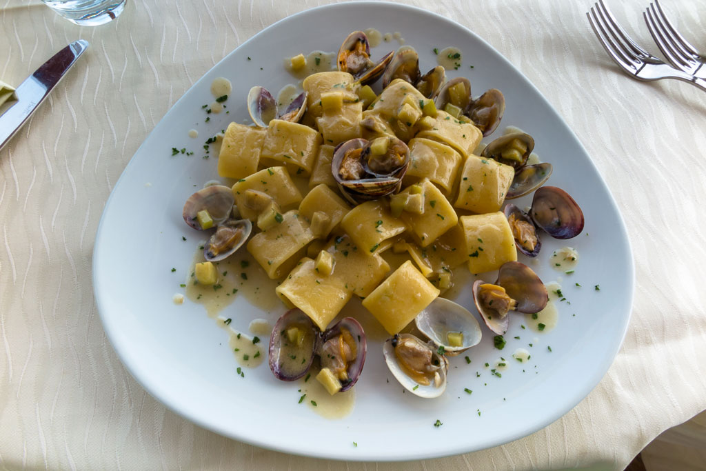 Mezze maniche with eggplant pesto and clams